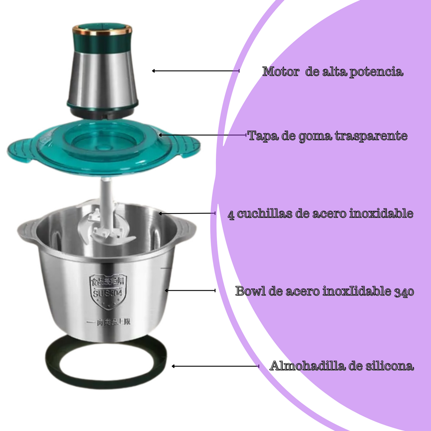 Procesador de alimentos, picadora de carne de acero inoxidable de 2L